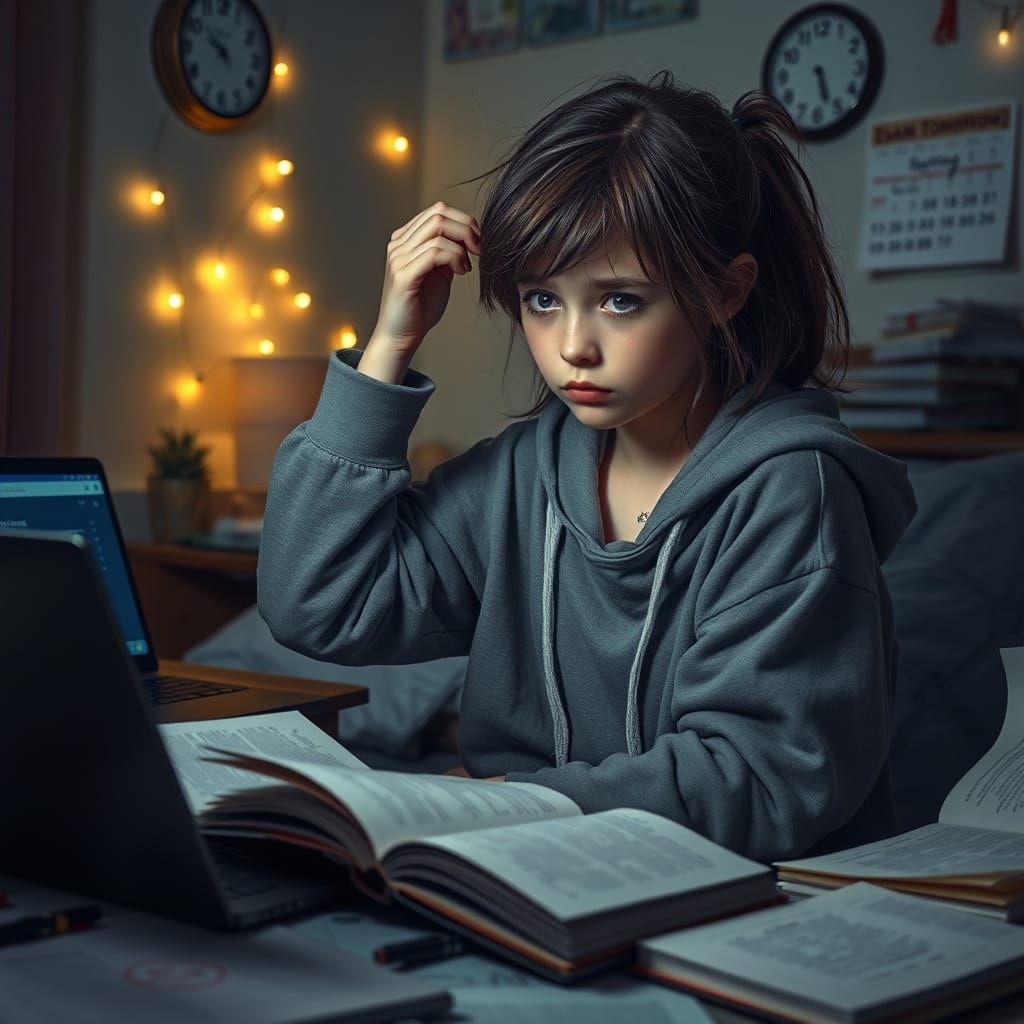 Stressed Student Studying Late at Night: Photorealistic Imag...