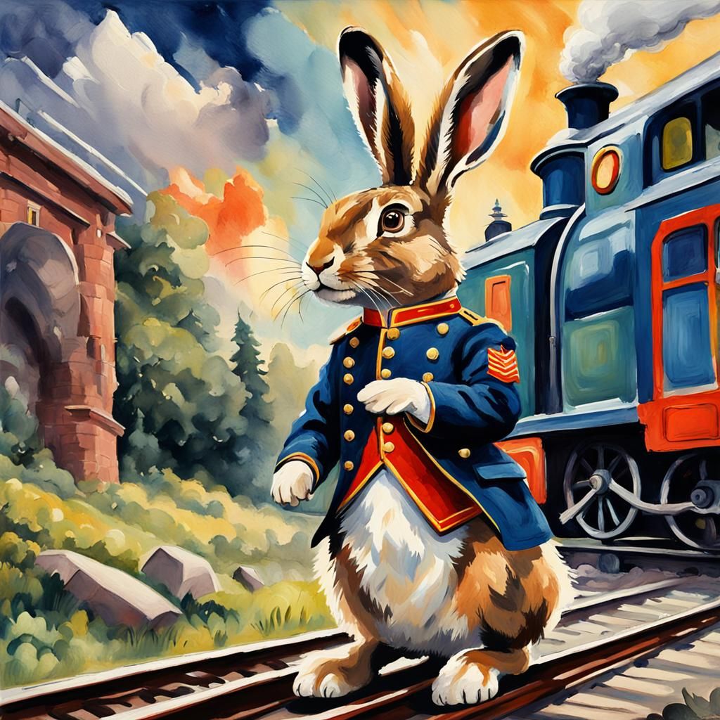 Hare in Uniform Before Magical Train, Impressionist Gouache