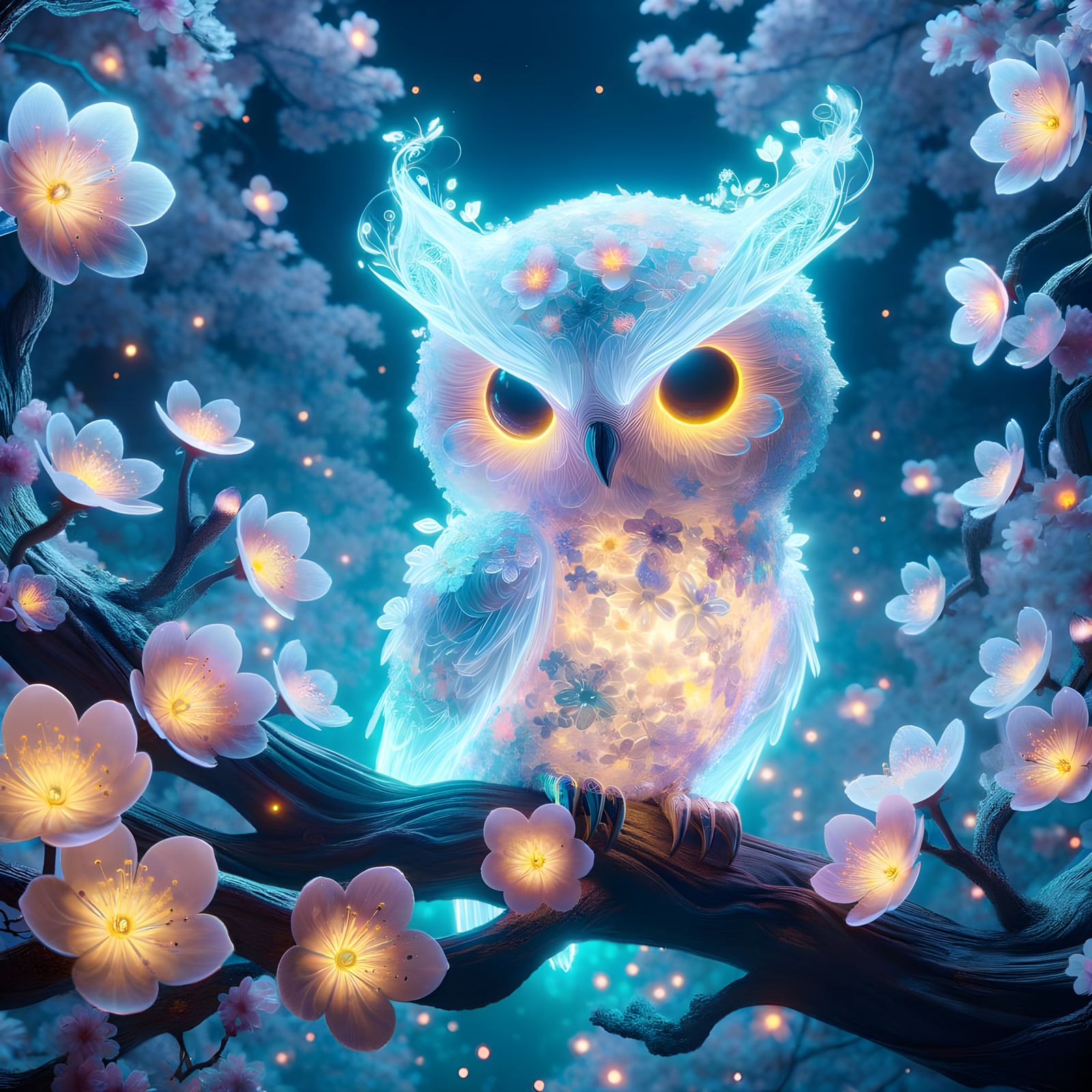Ethereal Chibi Owl with Sakura Flowers