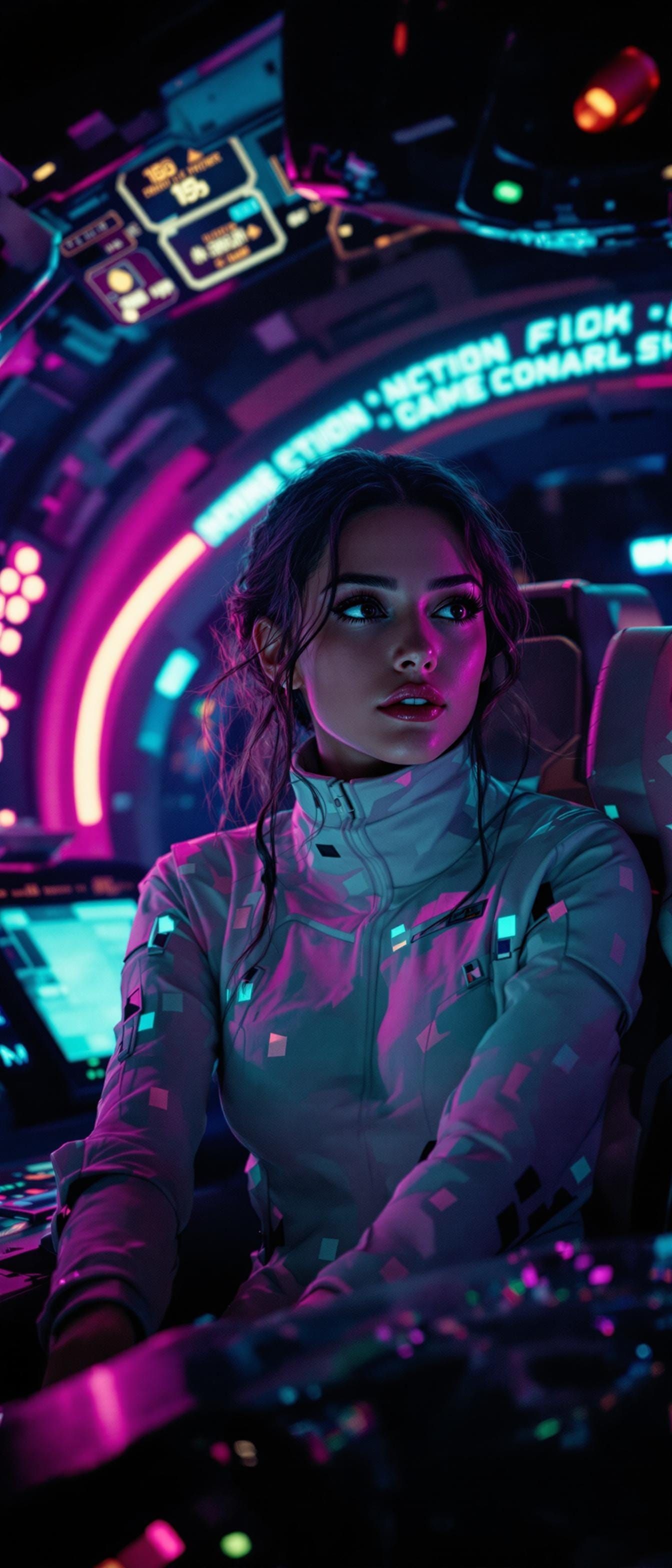 Cinematic Space Captain in a Neon-Lit Spacecraft Interior