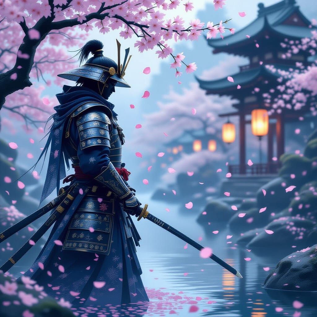 Ethereal Samurai in Cherry Blossom Garden