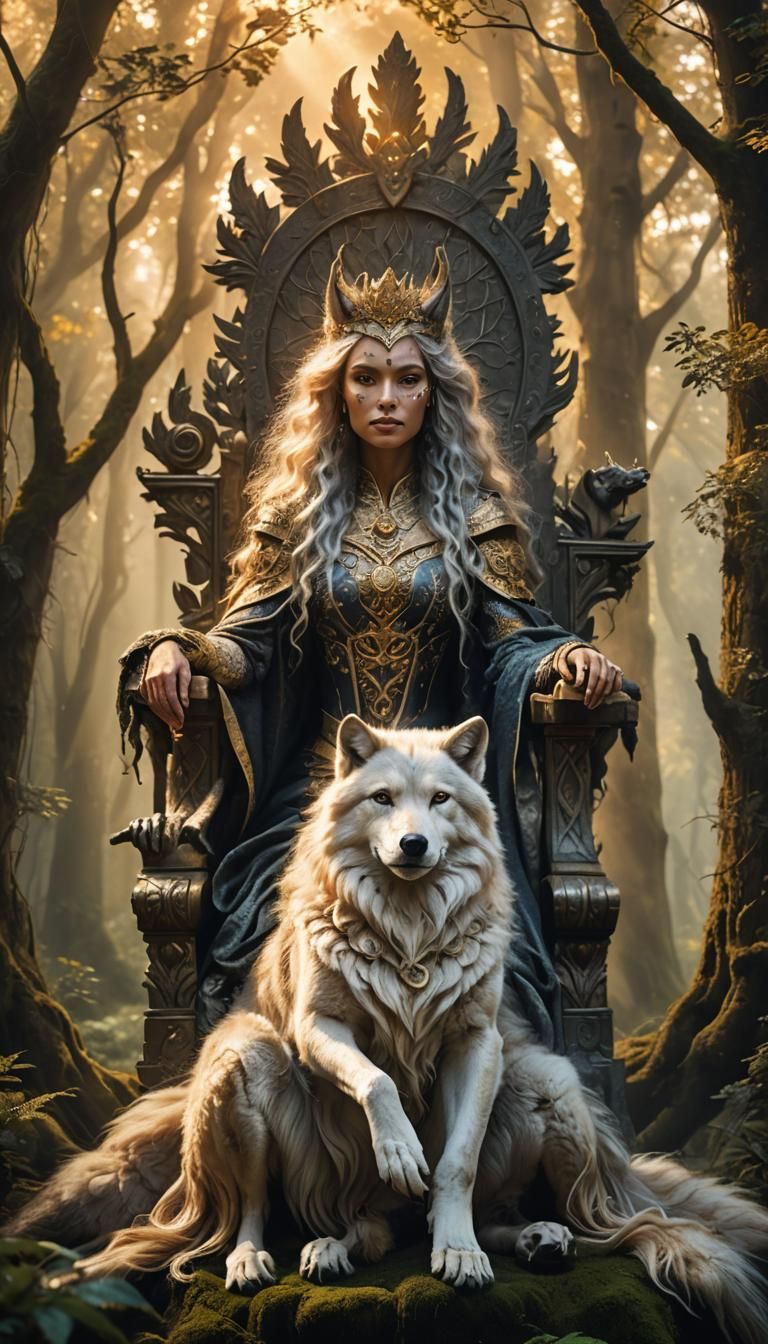 Queen Wolf Hybrid on Forest Throne, Anime Art