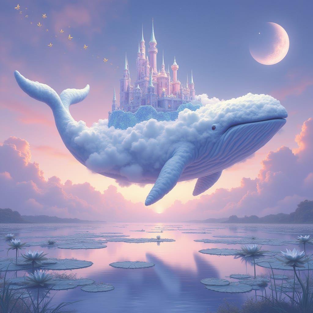 Dreamy Whale Carries Crystal Castle Through Lavender Skies