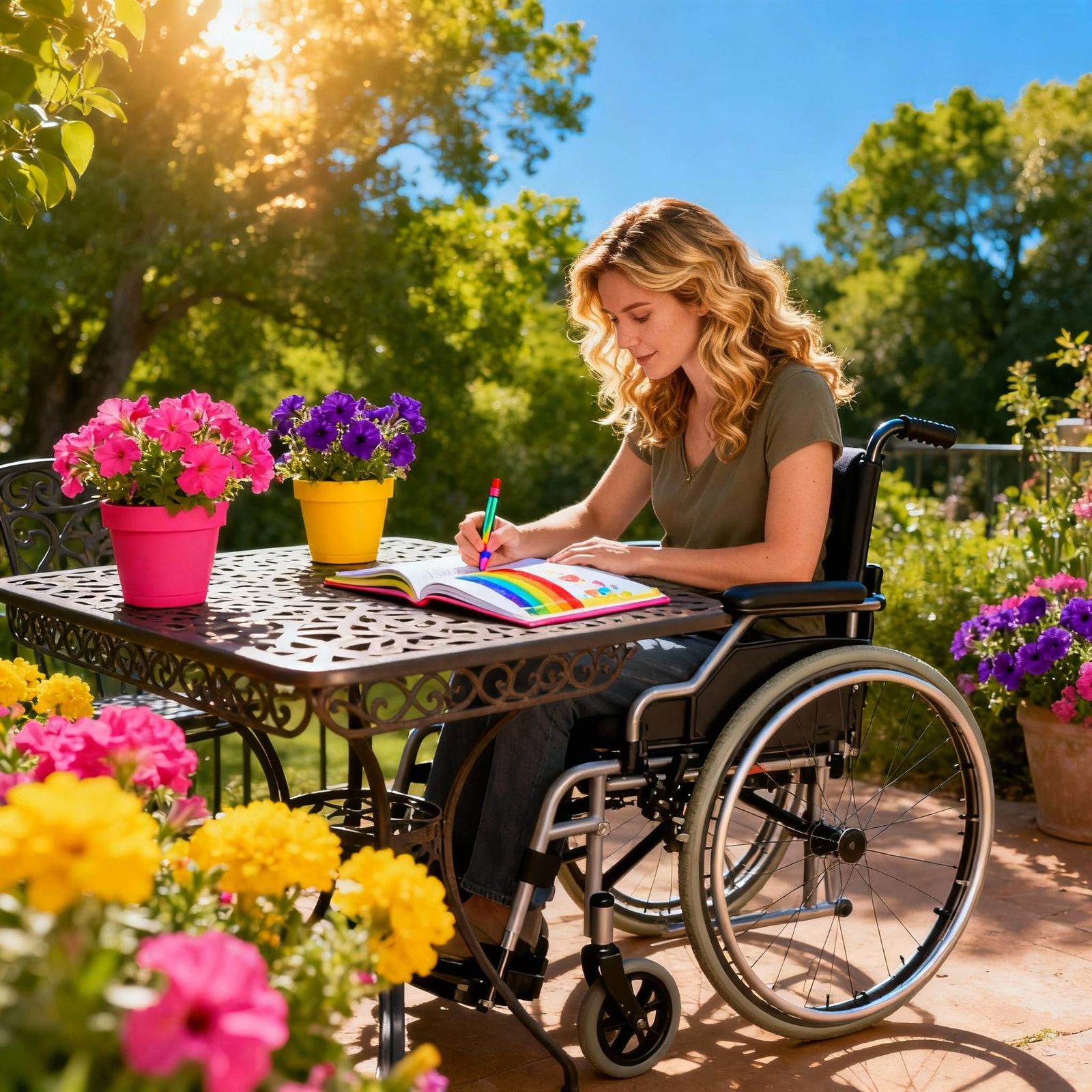 Woman Writing in Colorful Book Outdoors