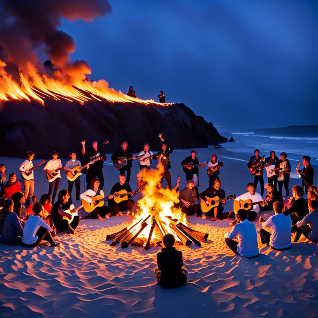 Beach Bonfire with Guitars and Singing
