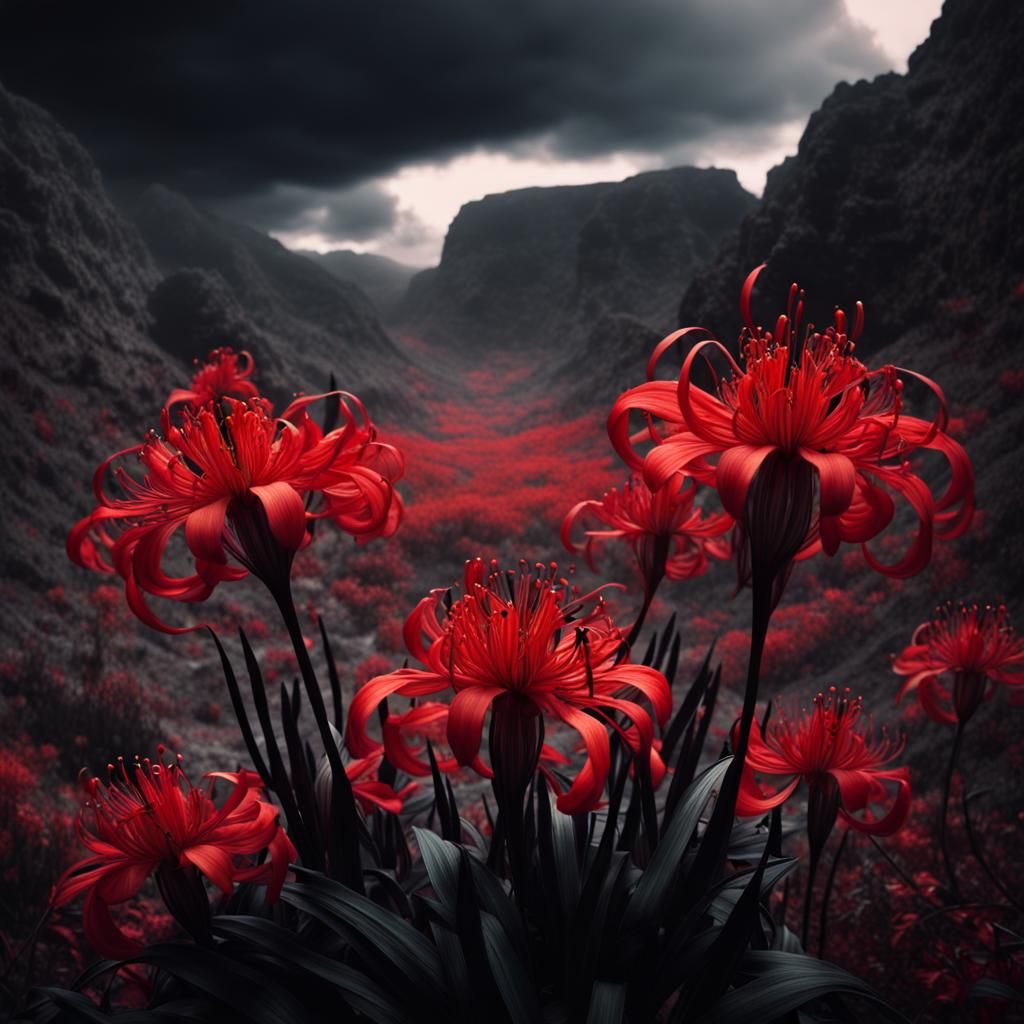 Creepy Canyon of Red and Black Lycoris Flowers