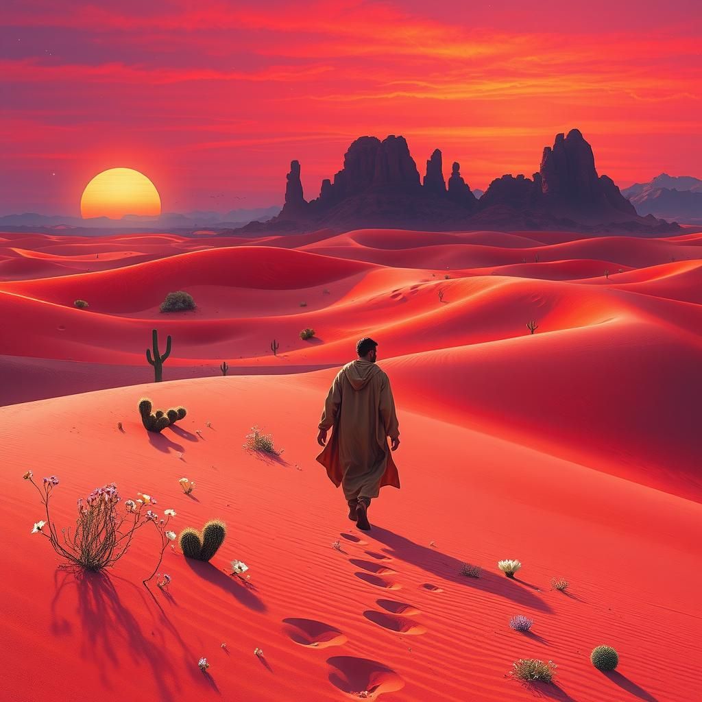 Scarlet Desert Traveler at Sunset in Digital Art Style