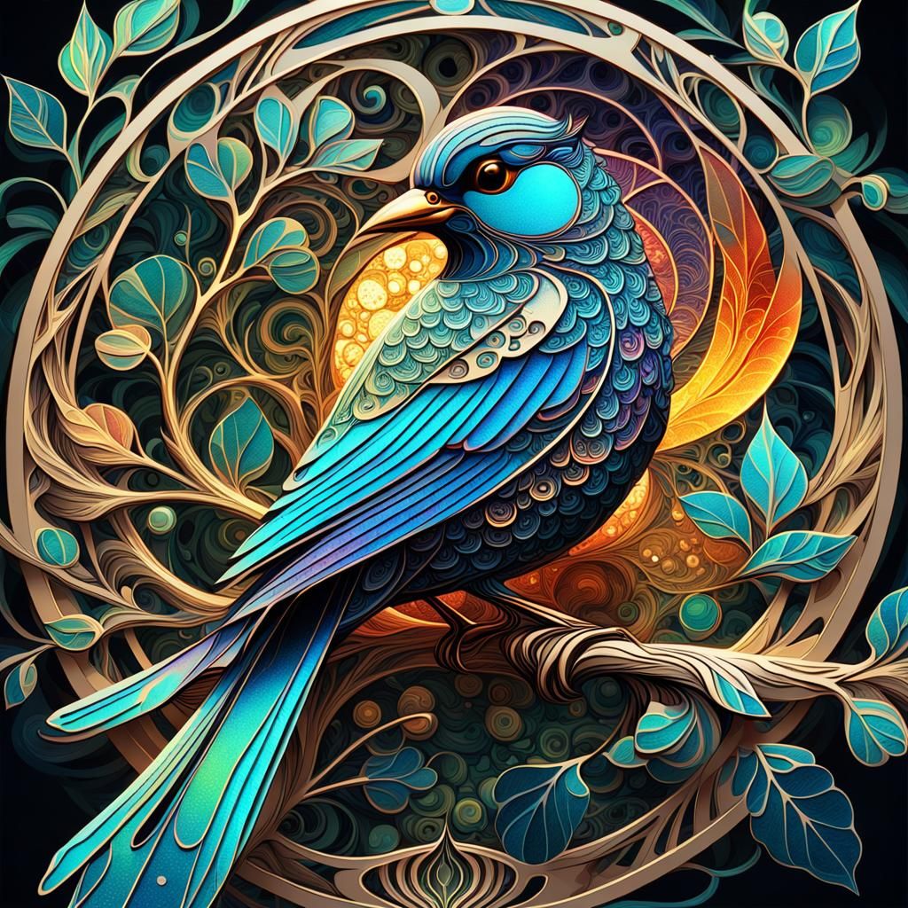 Art Nouveau Bird on Branch in Alphonse Mucha Style