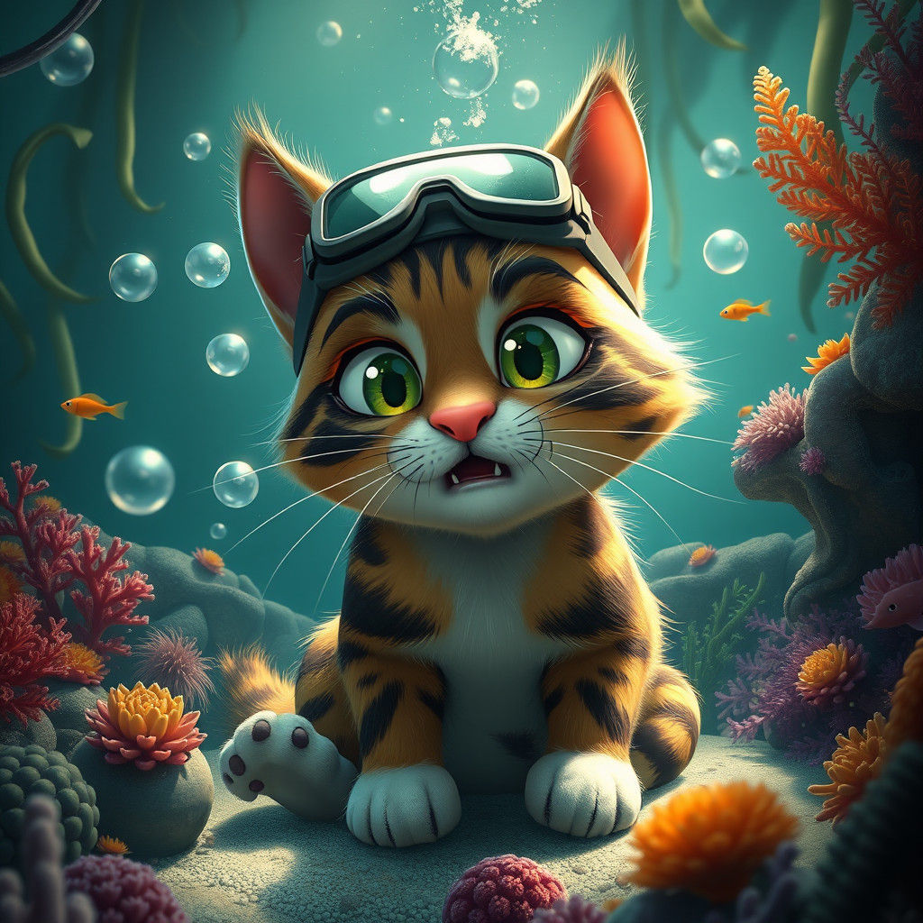 Pixar Cat Underwater with Goggles and Bubbles