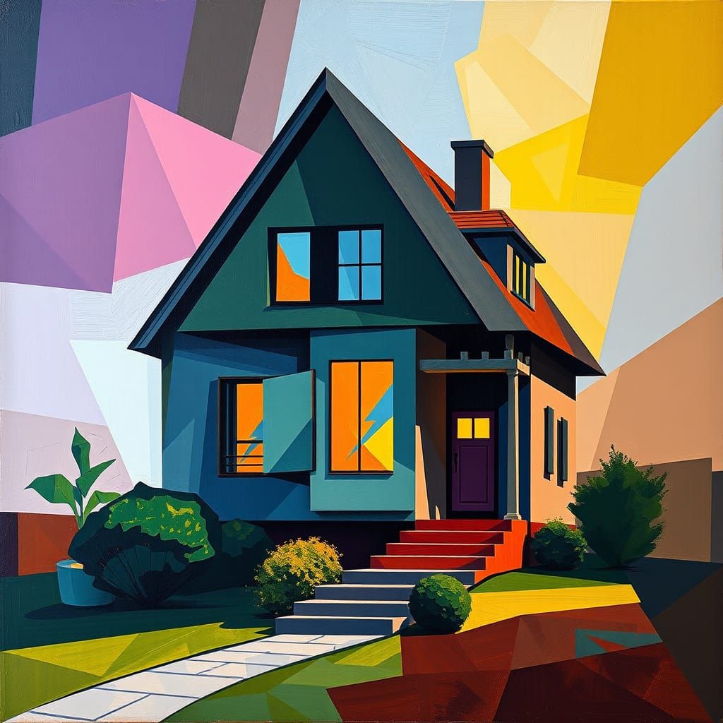 Geometric Cubist House Art