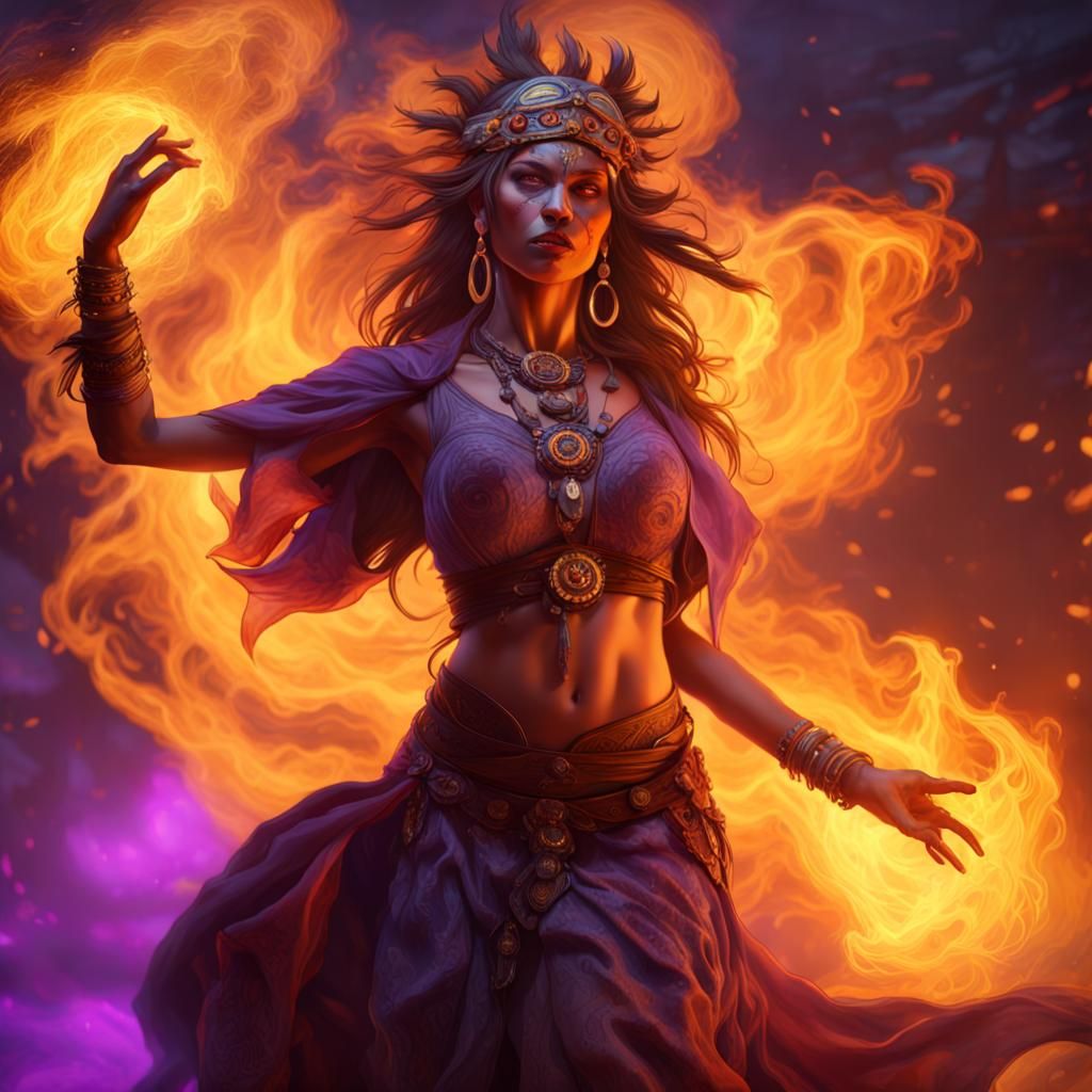 Fire Medicine Woman Dancing in Dark Fantasy Style