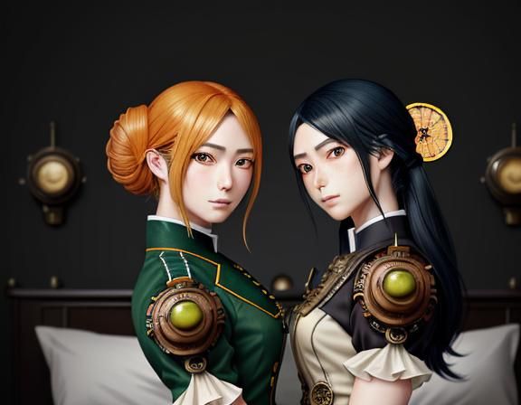 Steampunk Kemono Twins Kissing in Manga Style