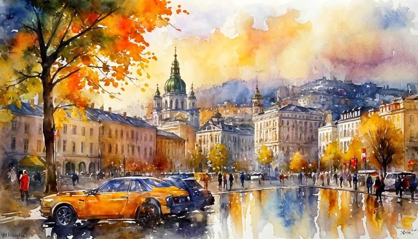 Kyiv in Watercolor and Alcohol Ink Style