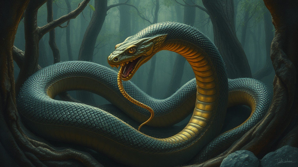 Mystical Serpents in Ancient Forest as Oil Painting