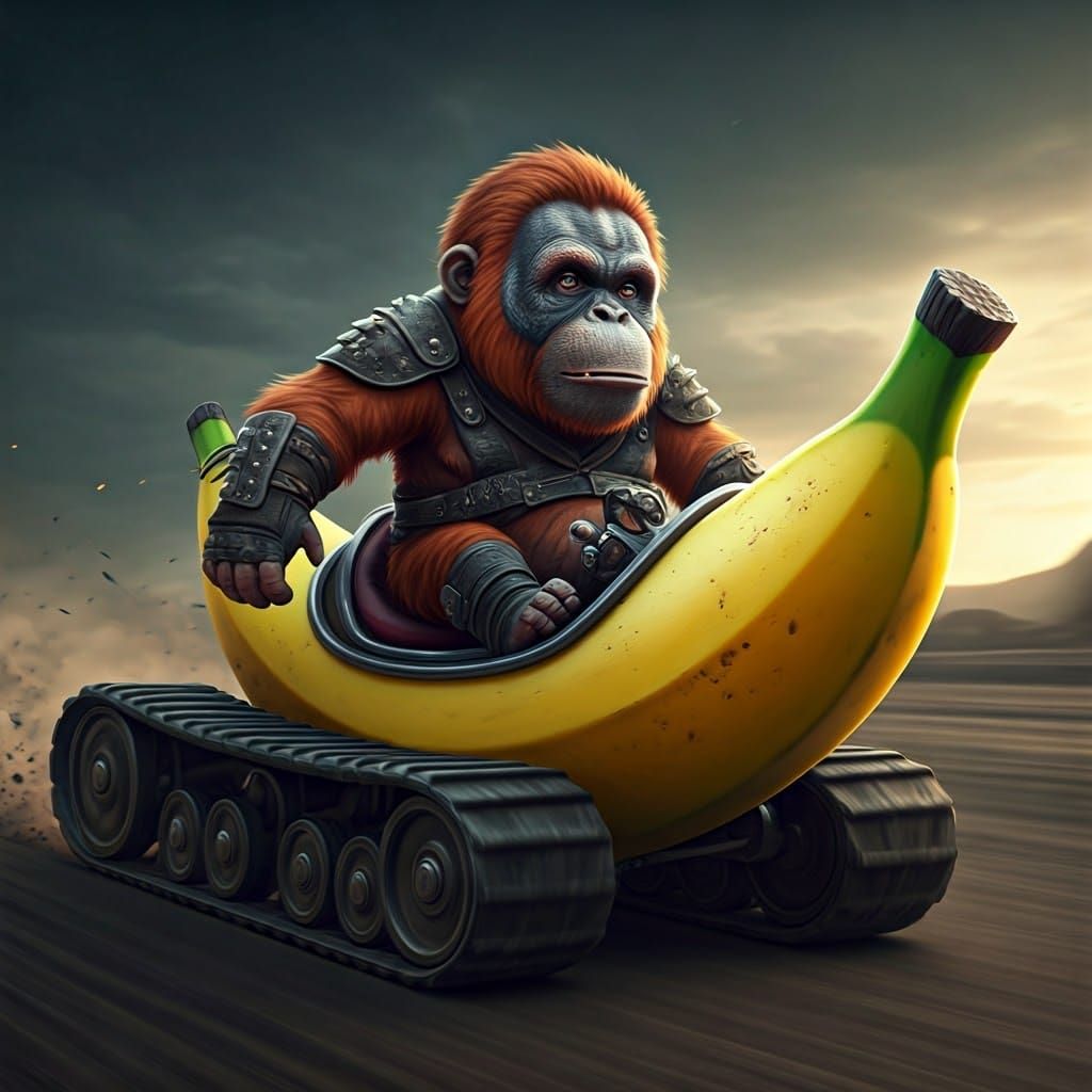 Chibi Orangutan Races Banana Tank in Wasteland