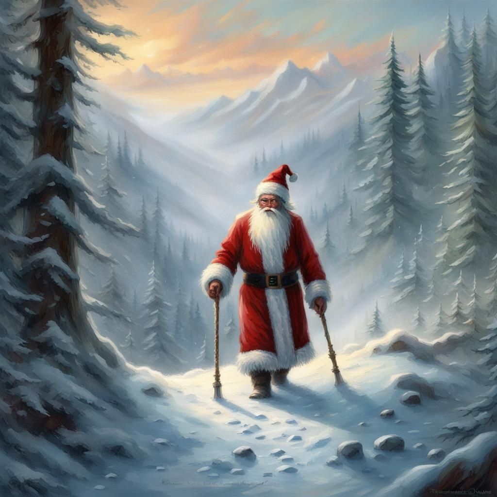 Yeti as Santa Claus in Snowy Forest