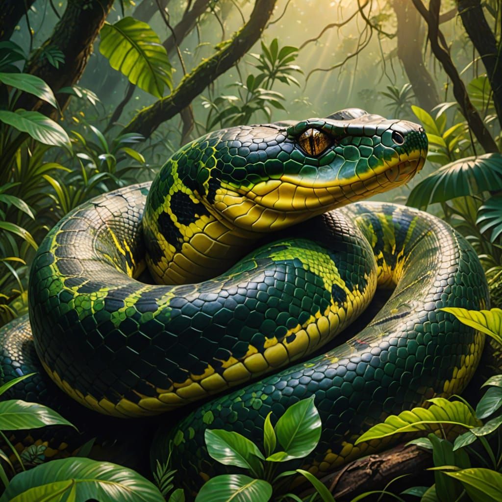 Giant Anaconda in Rainforest: A Surreal Oil Painting