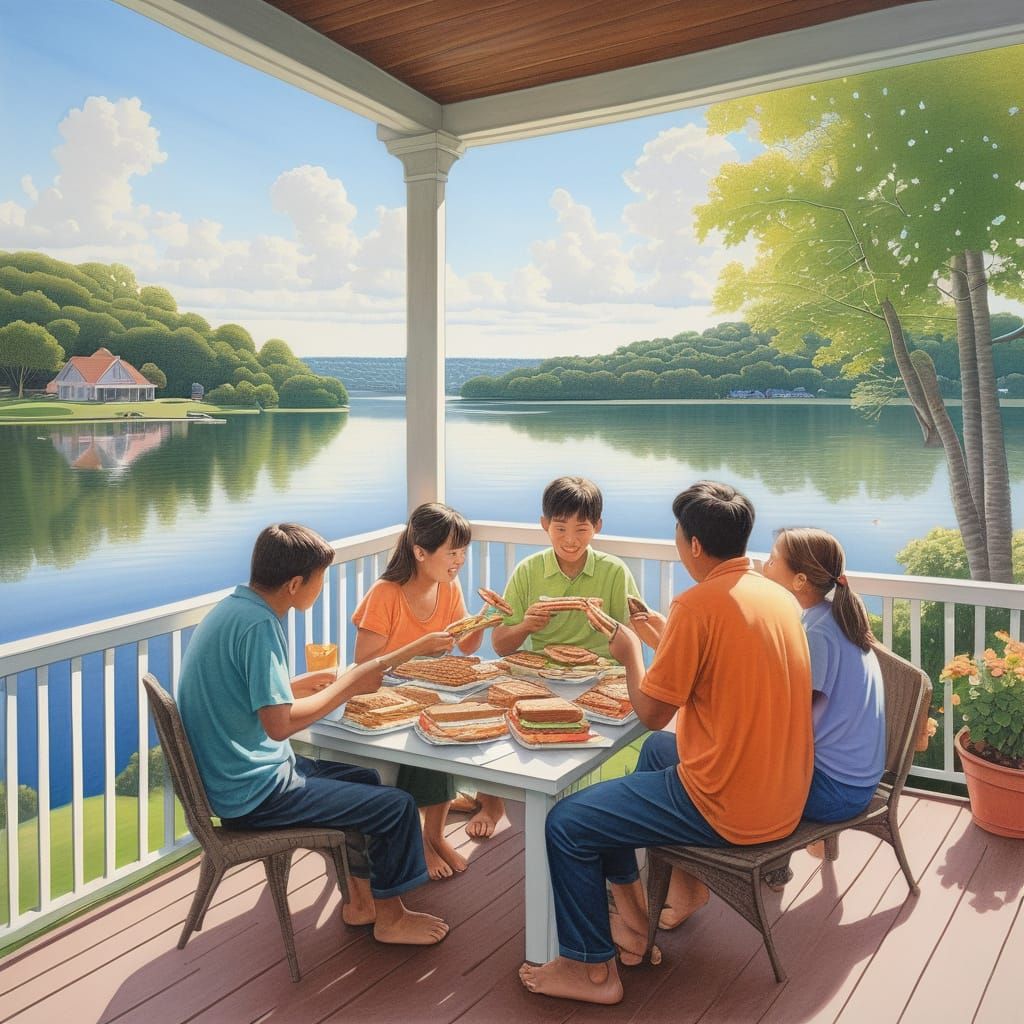 Family Lunch on Lakeside Porch in Crayon Style