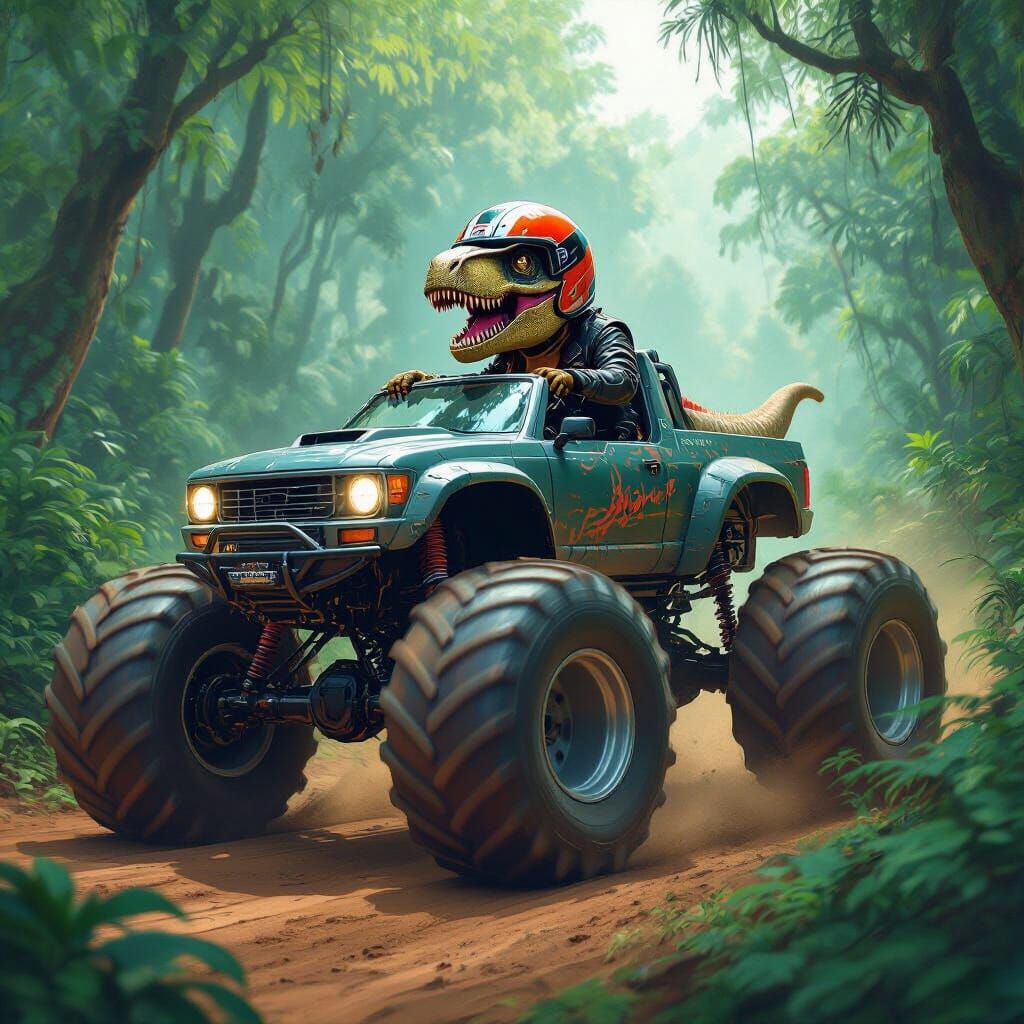T-Rex Drives Monster Truck Through Jungle, Futuristic Art