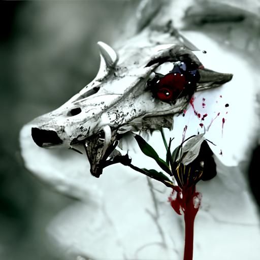 Bloody Deer Skull with Wolf in Bushes
