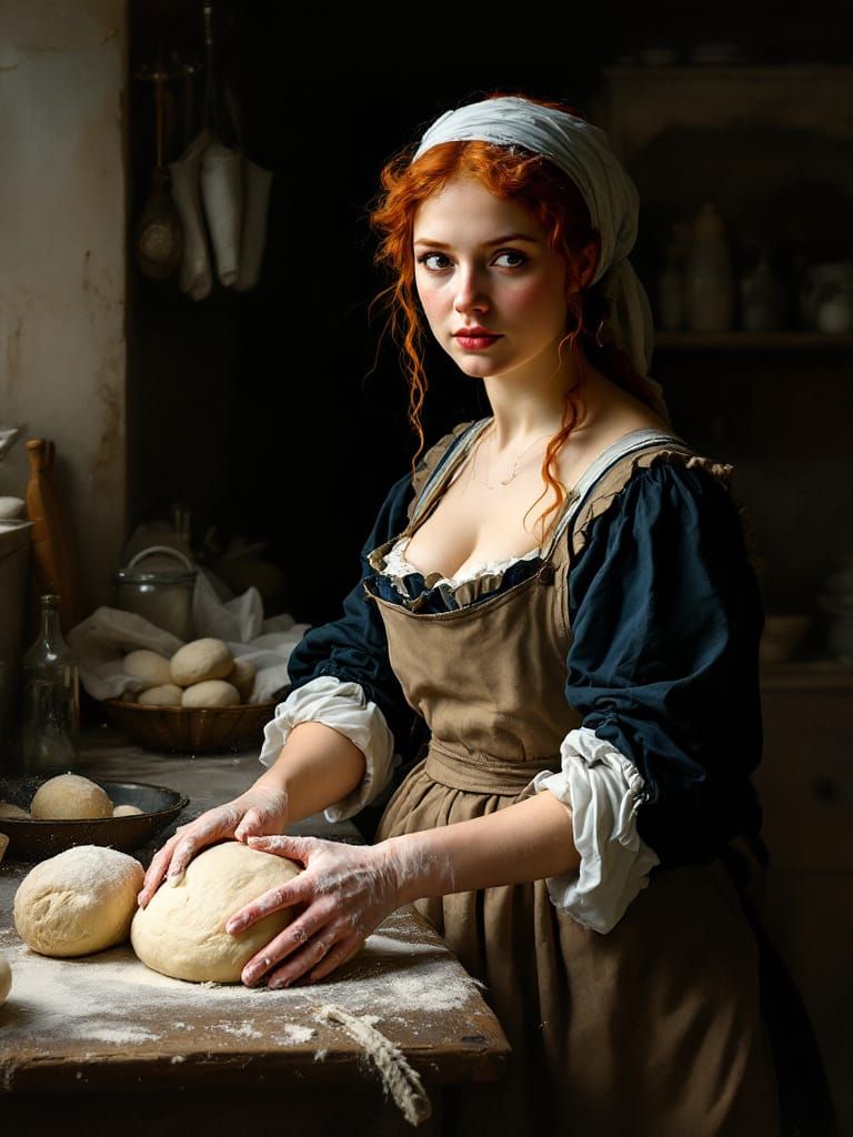 Redhead Baker Kneading Dough in Luminous Kitchen