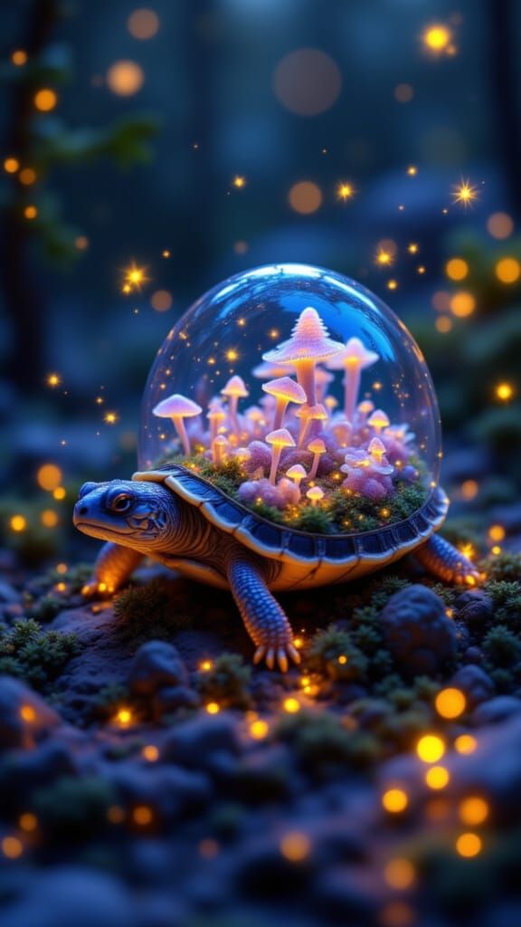 Turtle With Terrarium Shell Glowing Mushrooms Fireflies