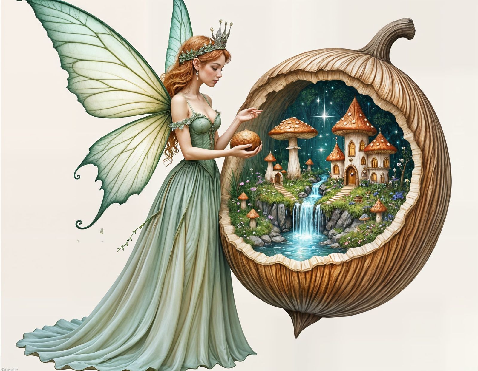 Fairy Queen's Acorn Kingdom in Watercolor Style