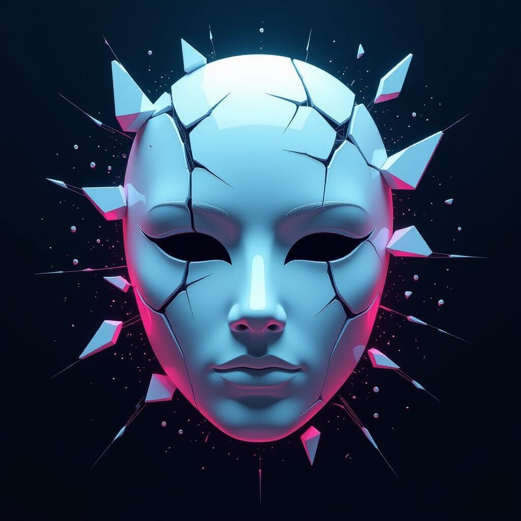 Shattered Glowing Mask in Geometric Digital Art Style