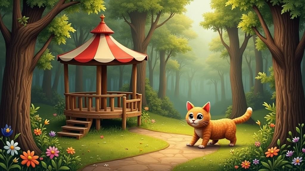 Whimsical Wooden Playground in Forest with Cat
