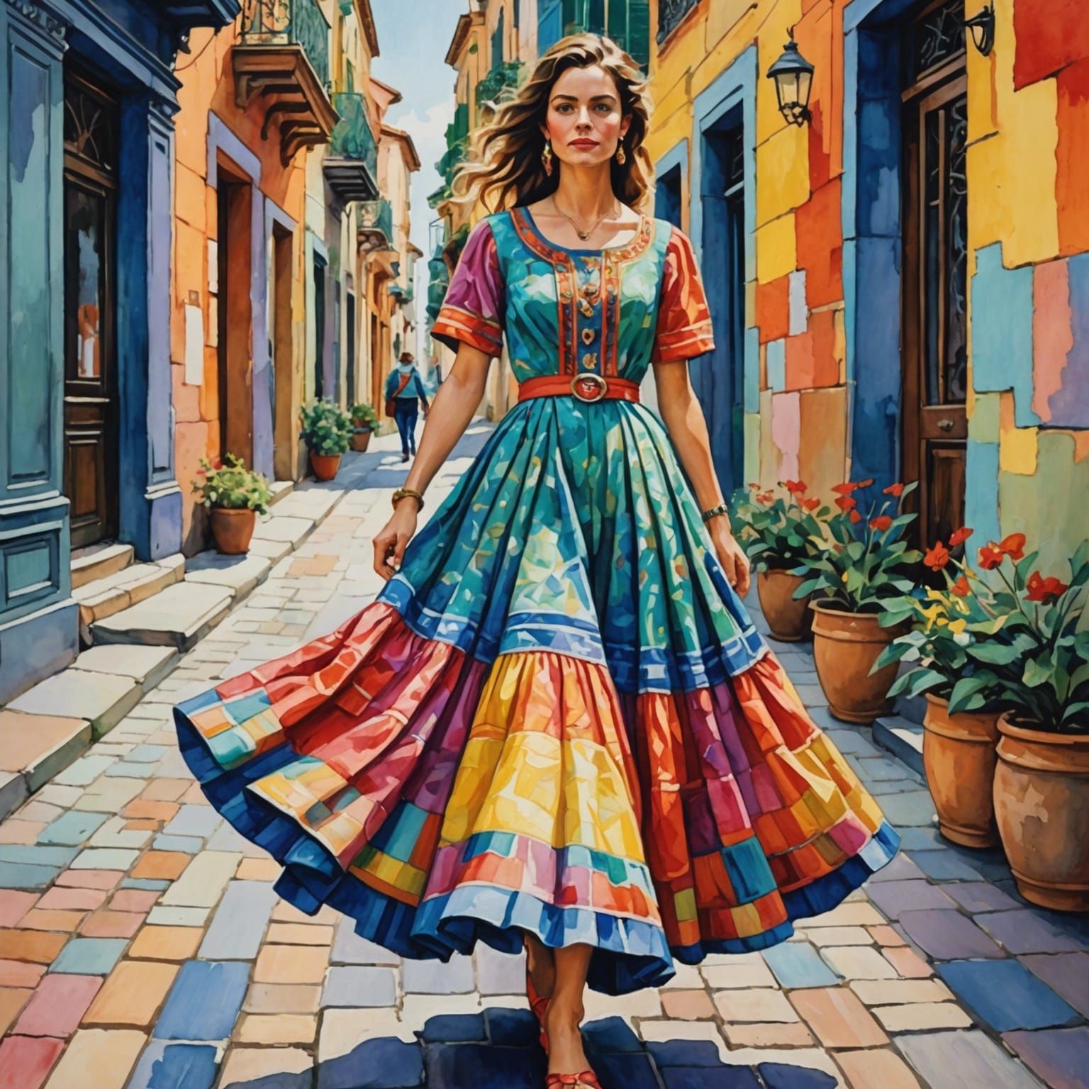 Woman in Colorful Dress: Gouache and Watercolor Painting