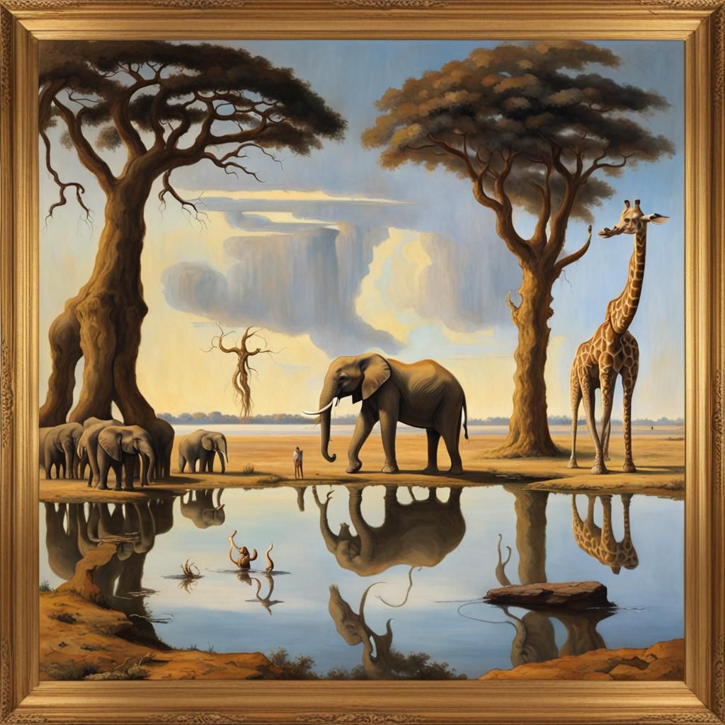 Surreal African Dreamscape: Elephants and Giraffes