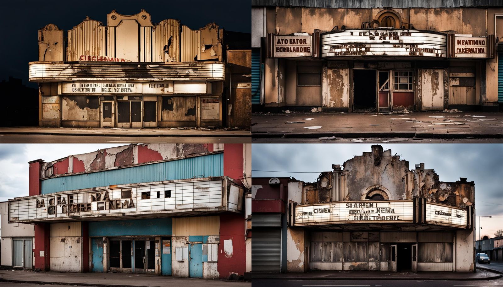 Neglected Cinema Exterior in Disrepair at Night