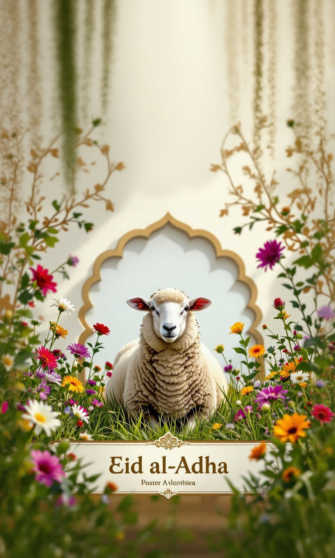Hyper-Realistic Eid al-Adha Poster with Sheep and Floral Dec...