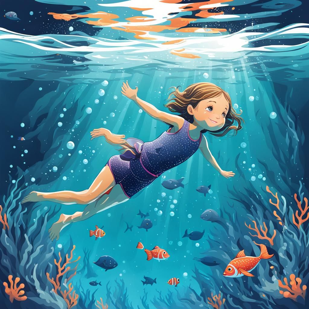 Graceful Girl Swimming Underwater Illustration