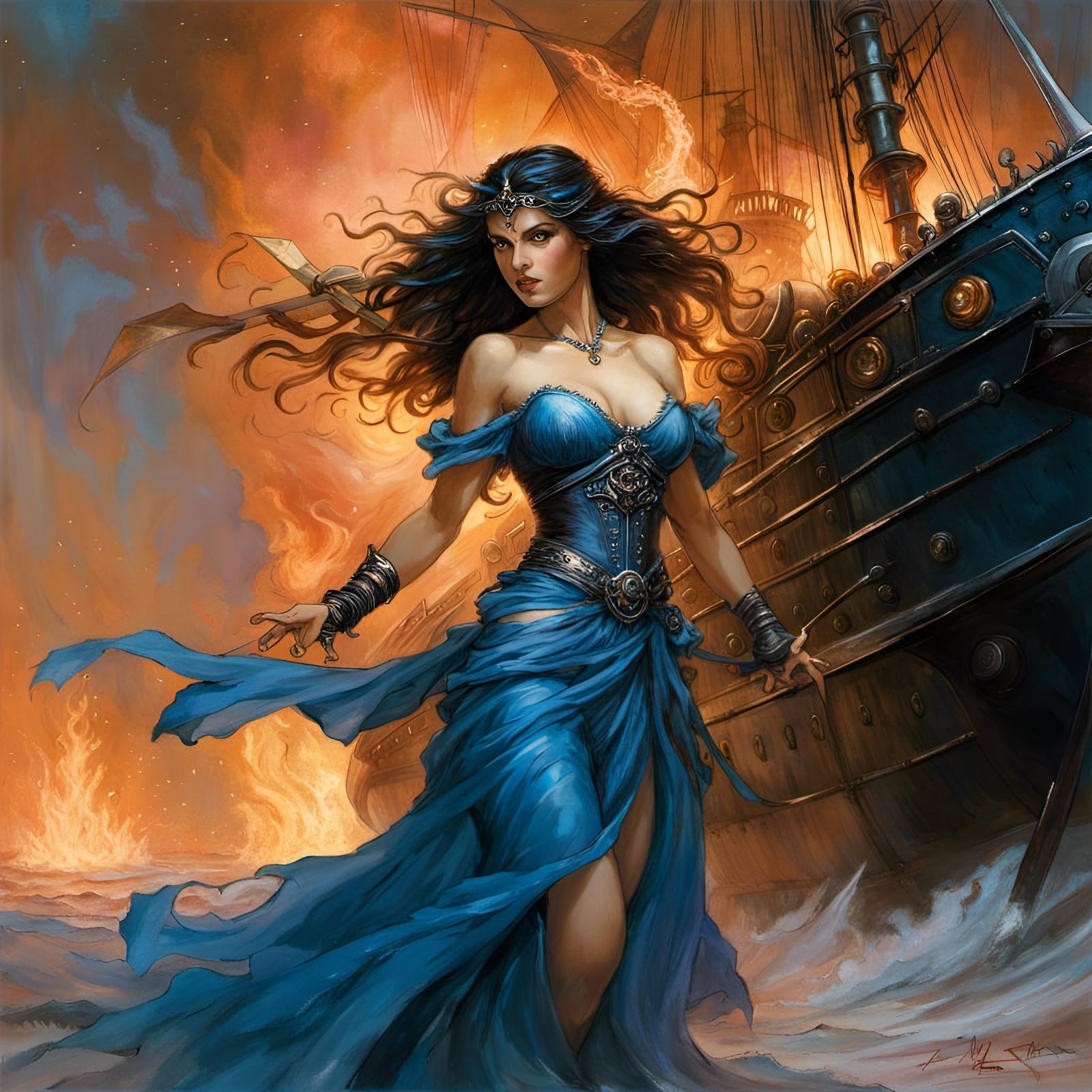 Sorceress Battles Demon on Burning Ship: Dark Fantasy Art