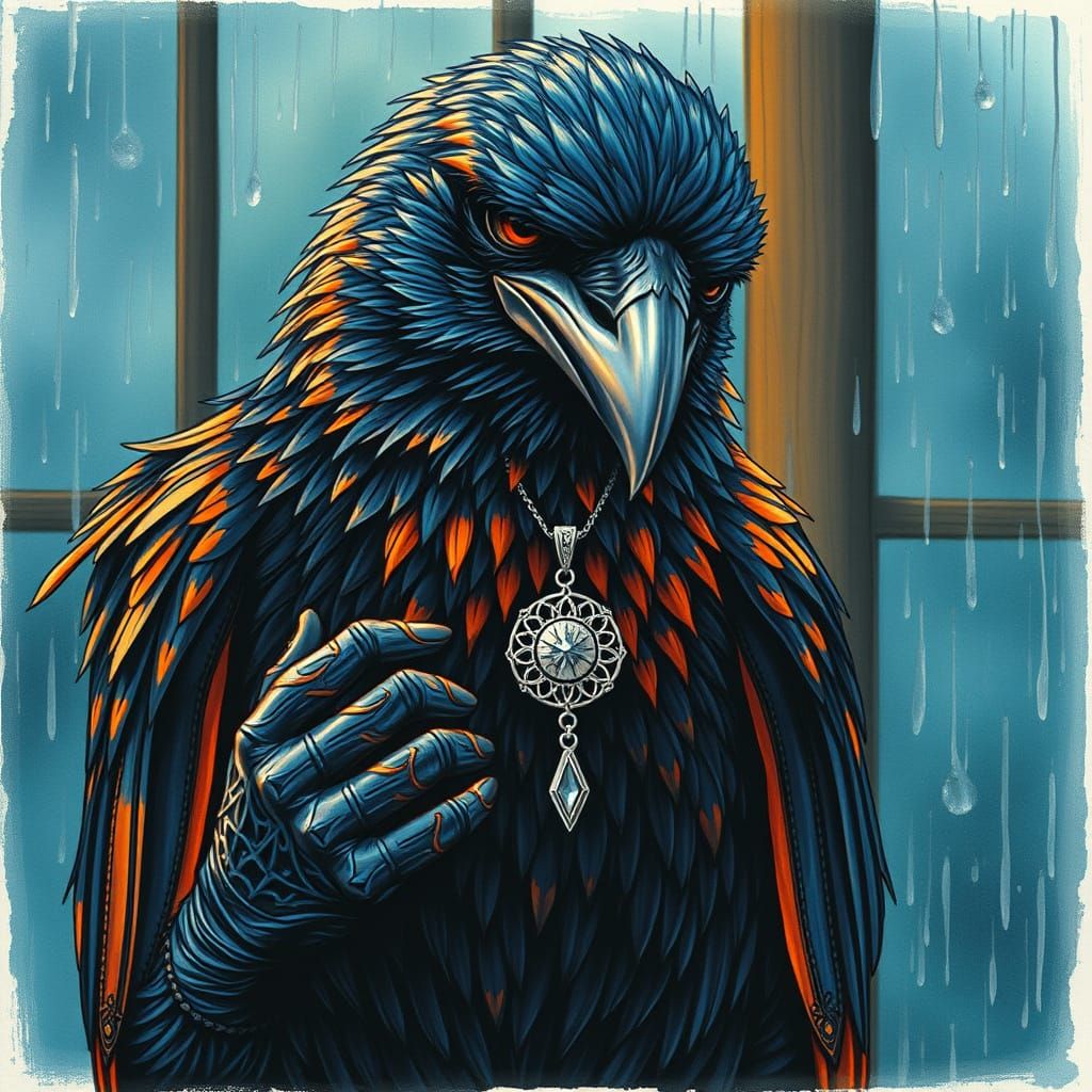 Raven with Silver Necklace in Alcohol Ink Style