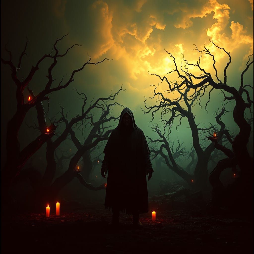 Dark Figure Defies Unholy Presence in Hellish Landscape