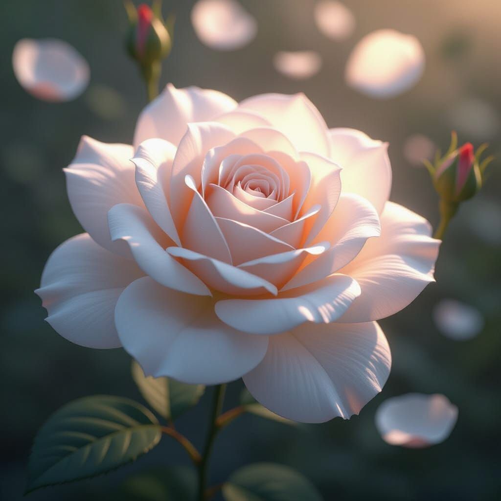 Delicate White Roses Shedding Petals in Luminescent Light