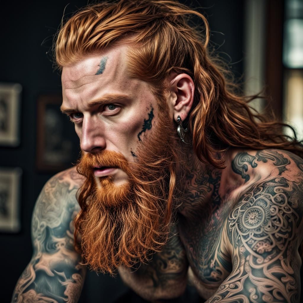 Hyperrealistic Ginger Male Portrait with Tattoos
