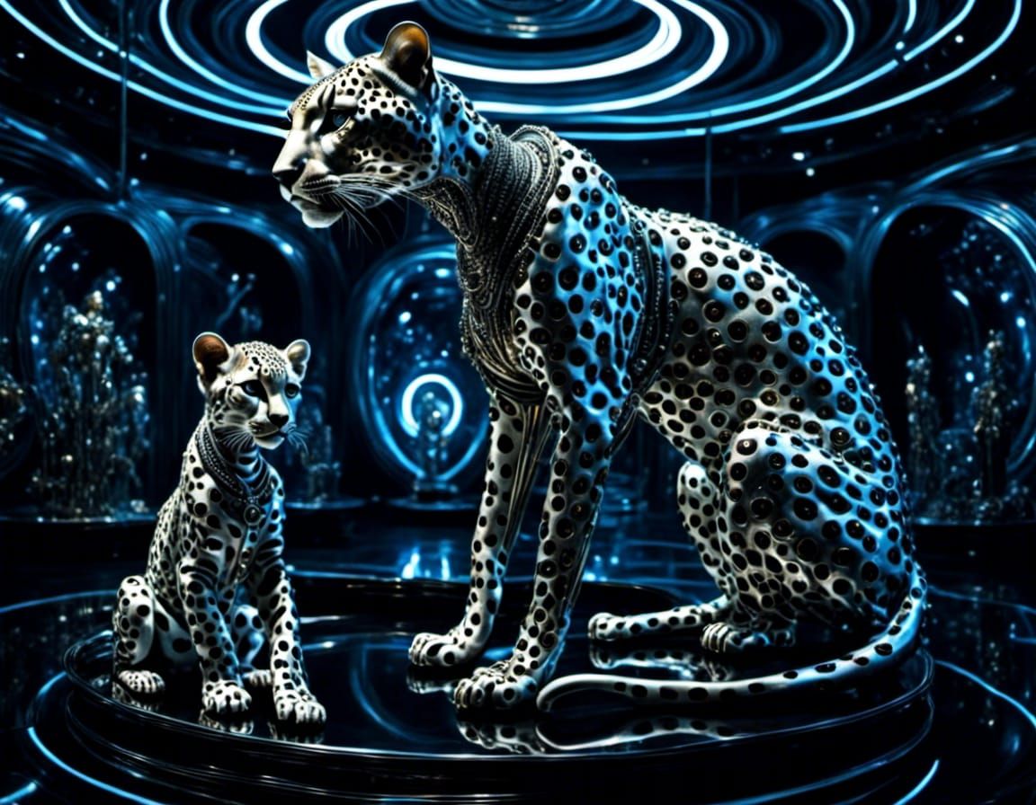 Cyborg Snow Leopard and Cub in Murraypunk Style