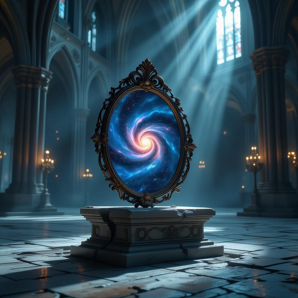 An ornate, antique mirror rests on a cracked pedestal within a vast, echoing cathedral interior.