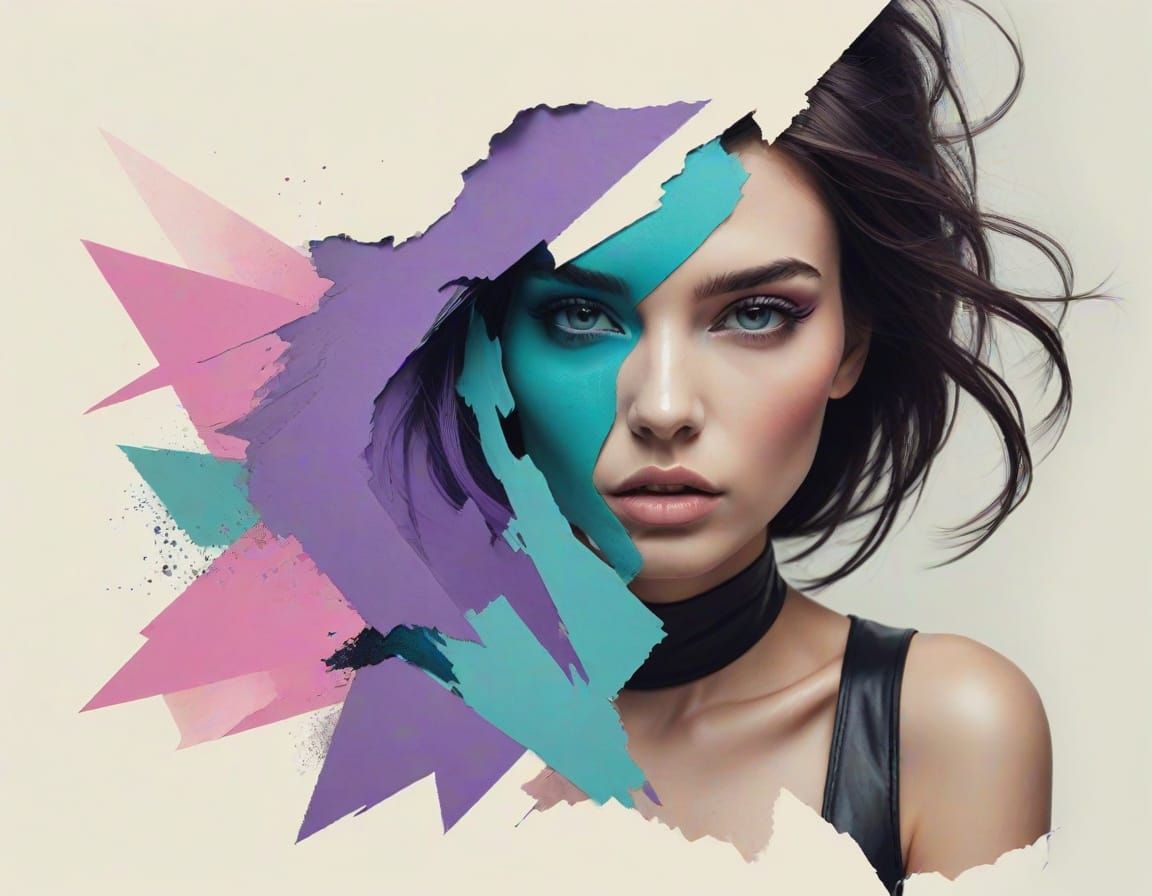 Abstract collage portrait featuring multiple images of a bea...