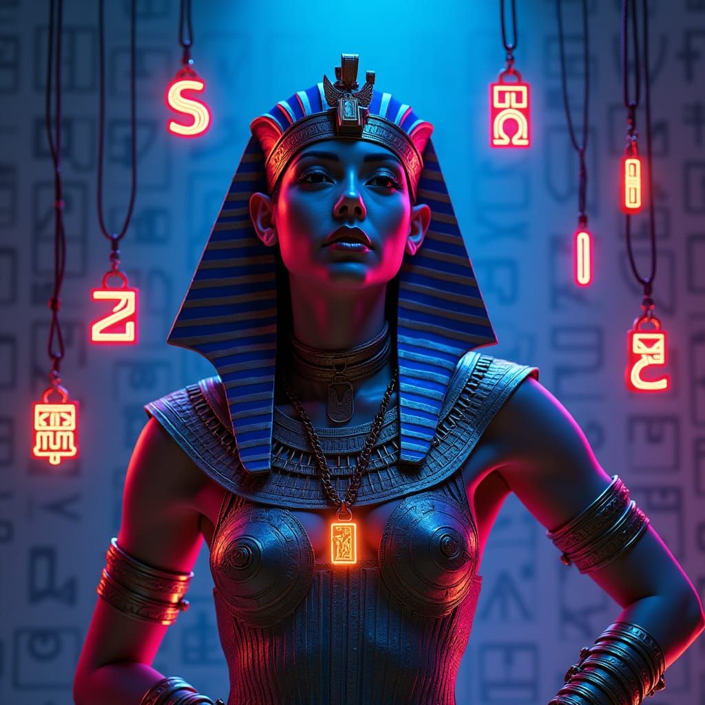 Futuristic Pharaoh with Neon Pendants in Synthwave Style