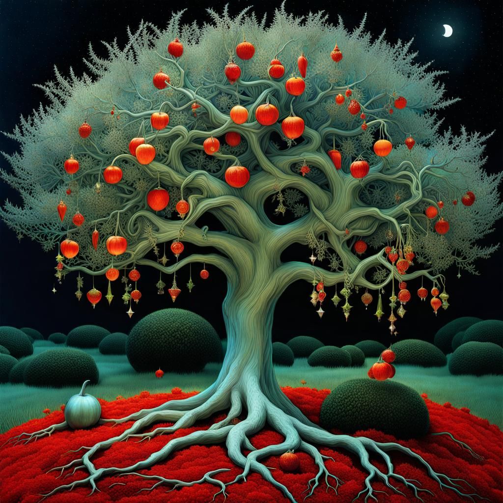 Surreal Vermillion Garden with Spectral Figures in Mixed Med...