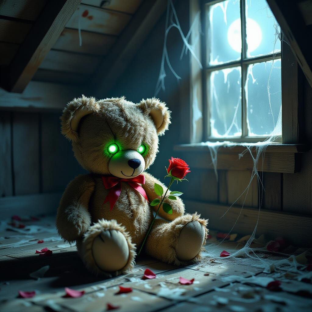 Eerie Green Teddy Bear in Dusty Attic, Dali-Inspired Surreal...
