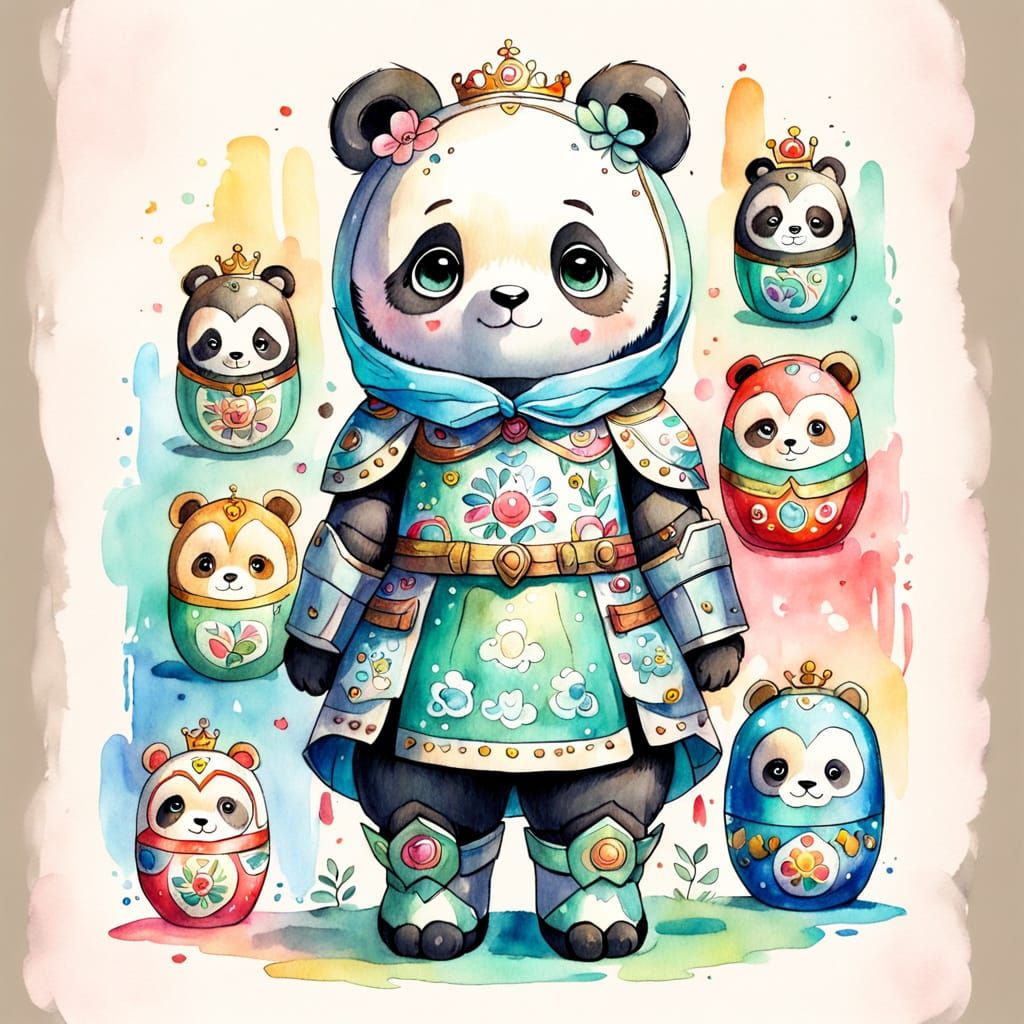 Princess Panda Matryoshka Doll in Watercolor Cartoon