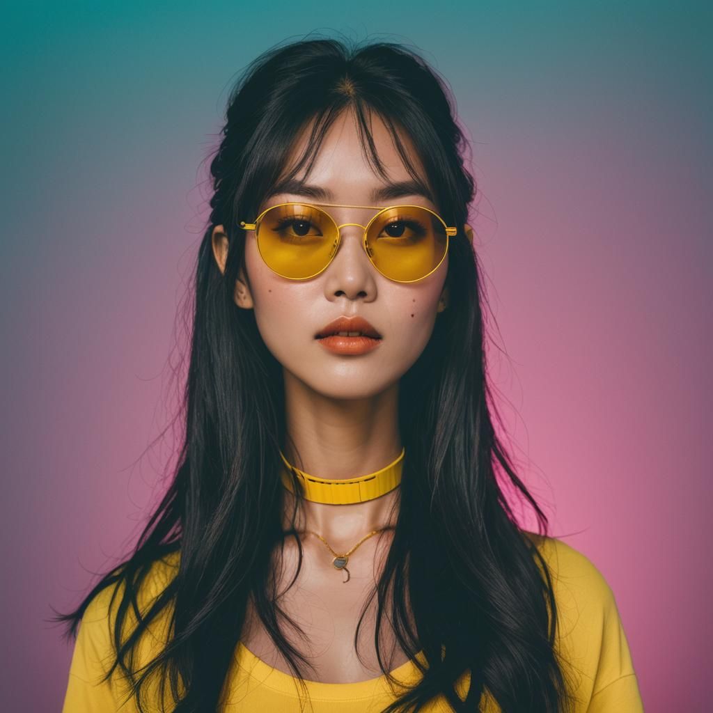 Asian Woman in Synthwave Style with Yellow Accents