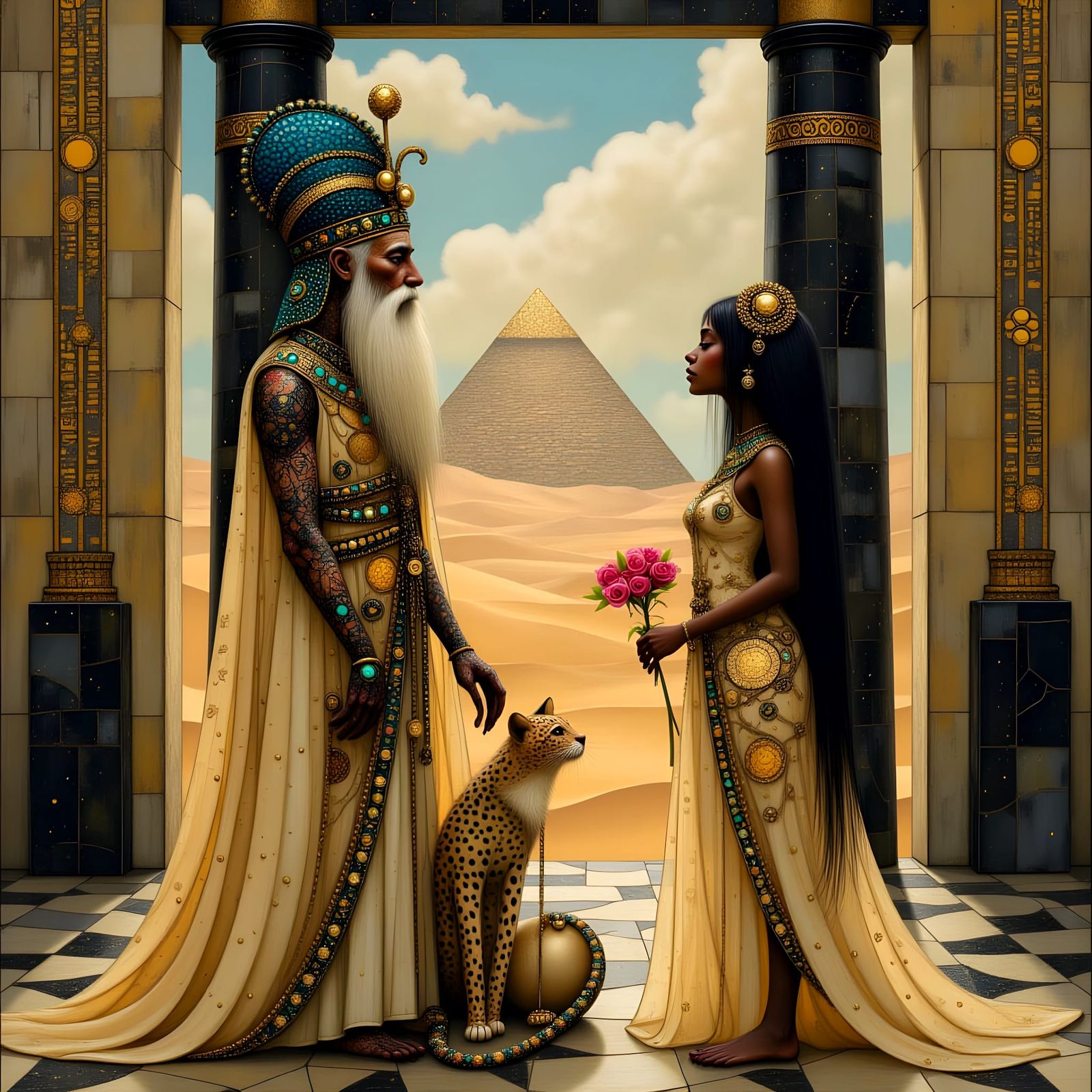 Ancient Egyptian Pharaoh with Young Bride in Luxurious Templ...