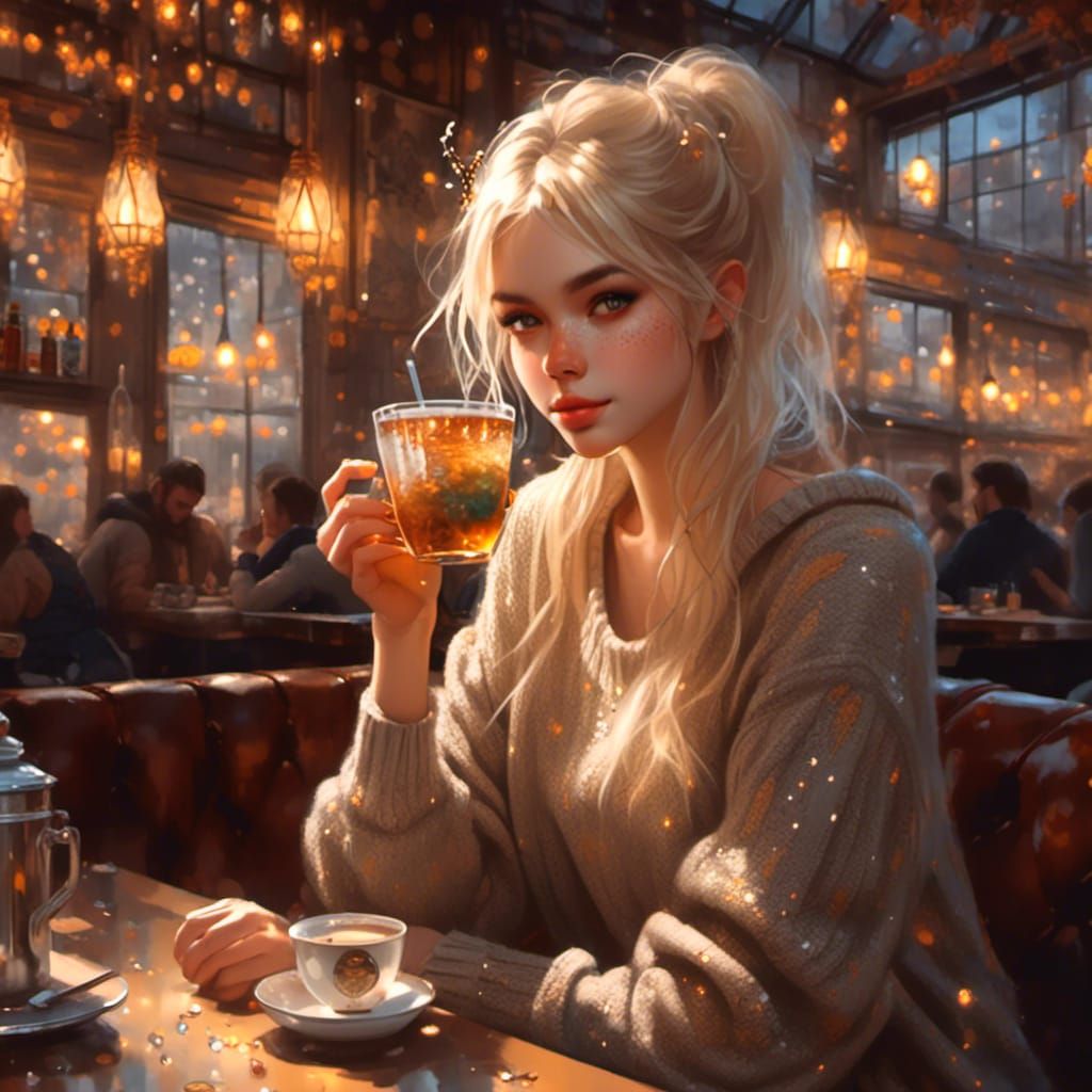 American Girl with Boba Drink, Hyperdetailed Portrait
