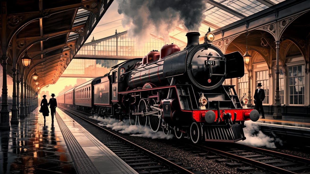 Vintage Steam Train Station in Warm Golden Light